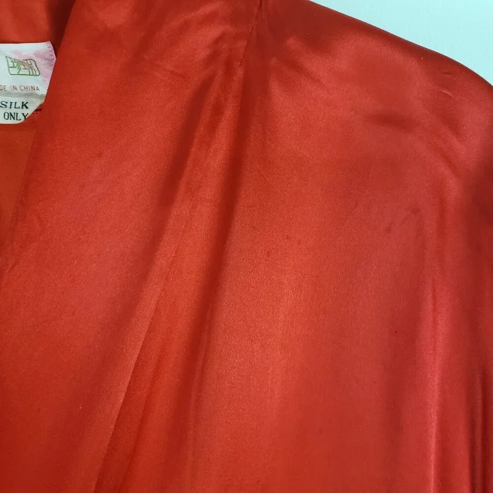 Vintage Pearls Red Silk Dragon Embroidered Long Robe Unisex Medium